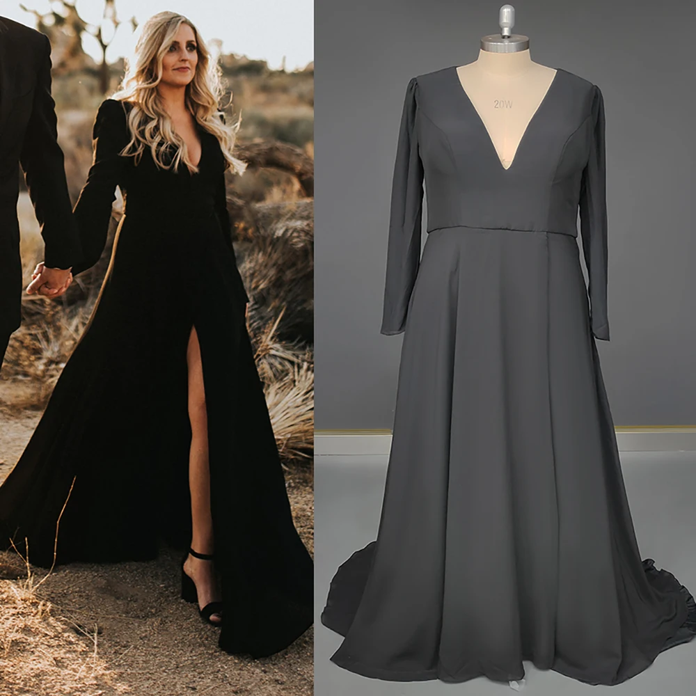 Simples preto mangas compridas chiffon vestido de casamento feito sob encomenda com decote em v fechado de volta a linha maxi fotografia de halloween vestidos de noiva