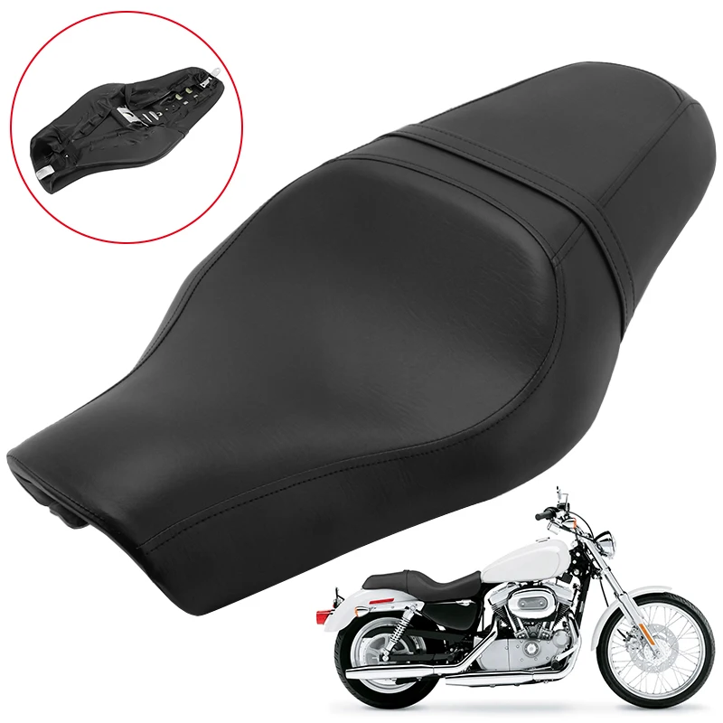 

Two Up Seat Cushions Motorcycle Front Driver Rear Passenger PU Leather Black For Harley Sportster XL 883 1200 48 2004-2016