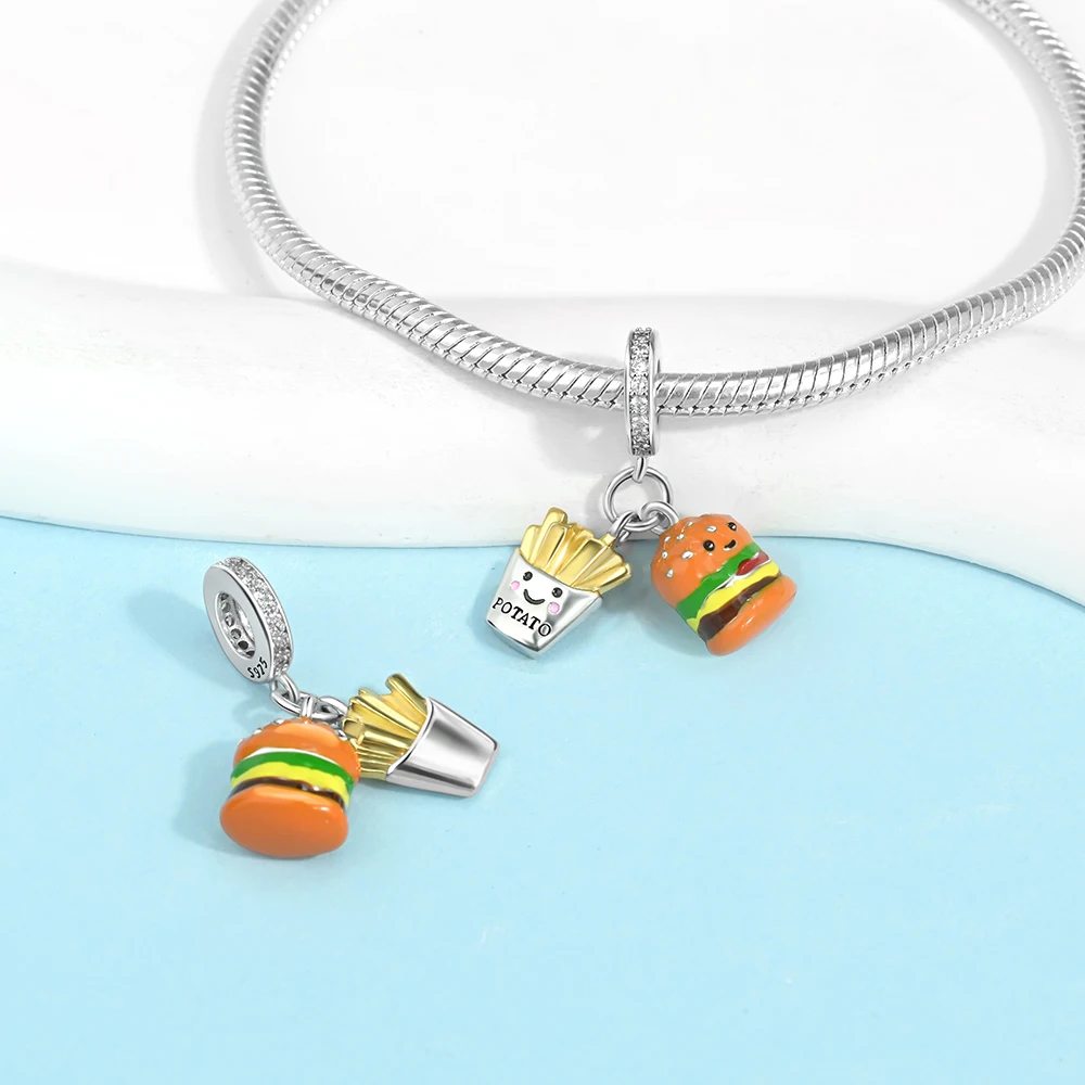 Interesting 925 Sterling Silver Delicious Food Fruits Hamburger Cake Apple Strawberry Bead Pendant Fit Brand Bracelet Gifts