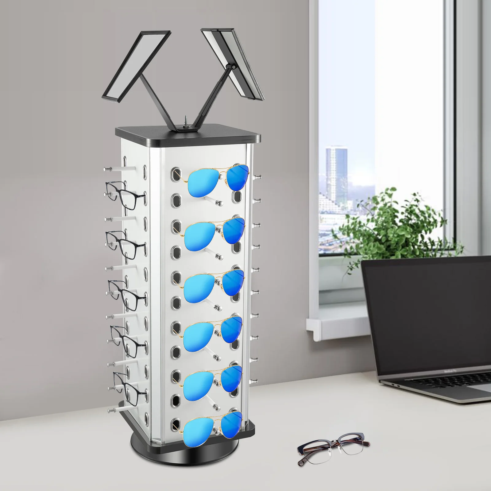 

Rotating Eyeglasses Display Stand with Mirror Glasses Carousel Rack 360° Rotating Hold Up To 44 Sunglasses for Home or Shop