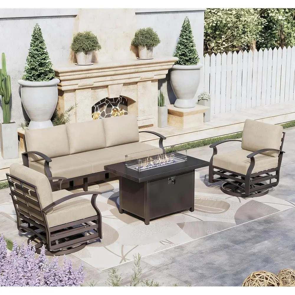 

5-местный комплект уличной металлической мебели для патио с пропановым столом-костровищем и вращающимися креслами-качалками