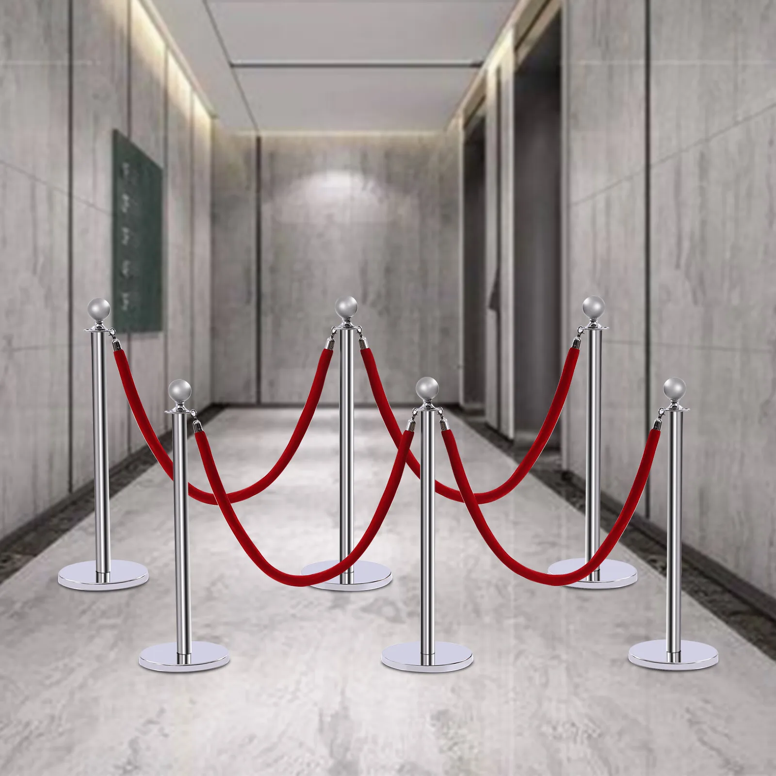 

6Pcs Silver Crowd Control Barriers Queue Line with Red Velvet Rope for Theater Crowd Control Queue Pole Barrier
