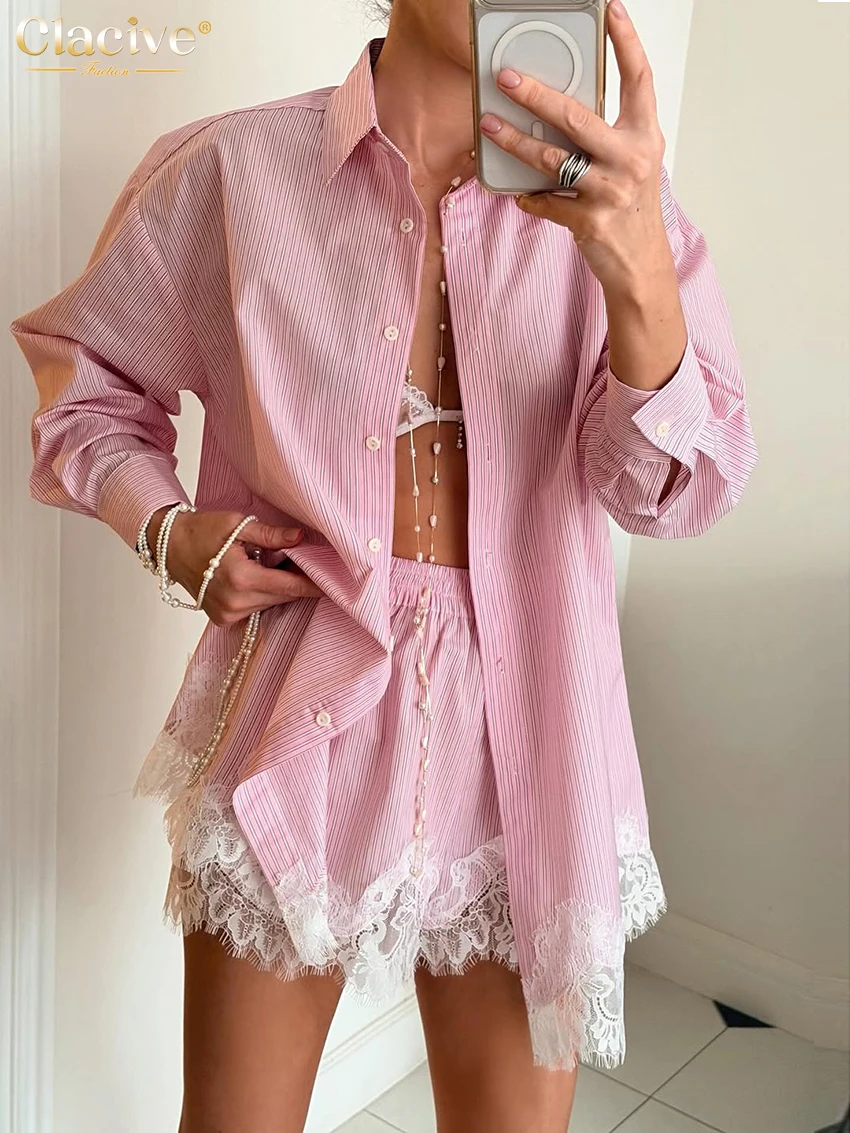 

Clacive Fashion Loose Stripe Print Shorts Set 2 Piece Woman Elegant Long Sleeve Shirt With High Waist Shorts Set Female Clothing