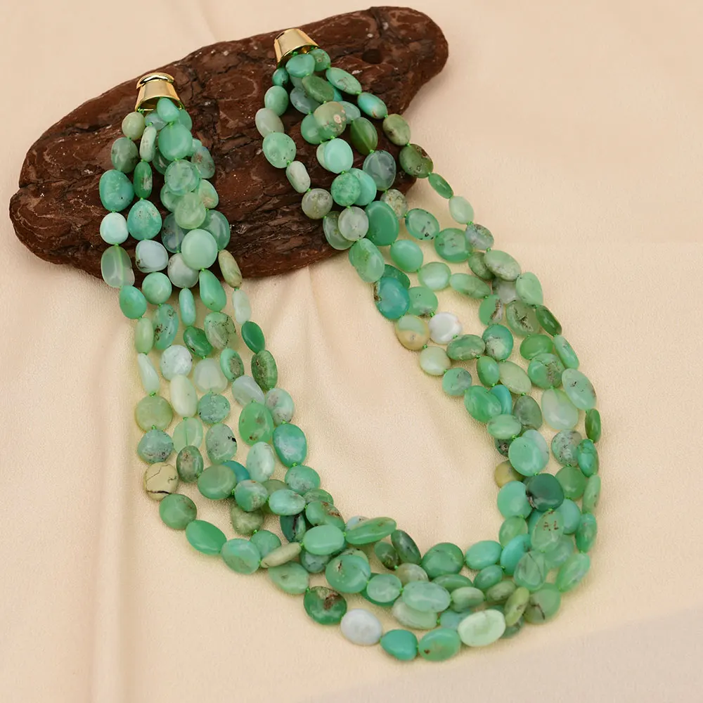 GG 5 Rows Natural Green Chrysoprase Real Gems Stone Necklace For Women