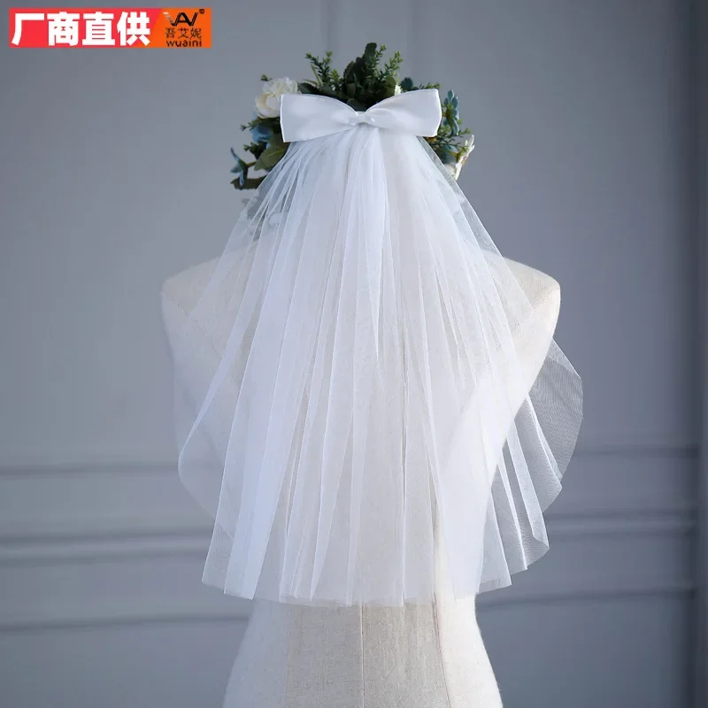 Voiles courts de robe de mariée en tulle avec nœud de bord de ruban blanc, peigne à cheveux, voile de patients, accessoires de fête de mariage de la mariée