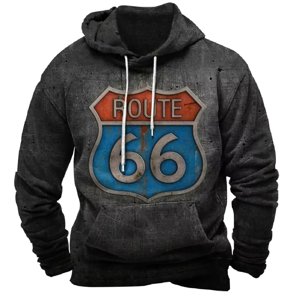 Fit Herbst/Winter Herrenbekleidung 3D-gedruckter Herren-Hoodie mit Route 66-Muster, lockerer Trend für Herren, übergroßer, modischer, lässiger Kapuzenpullover