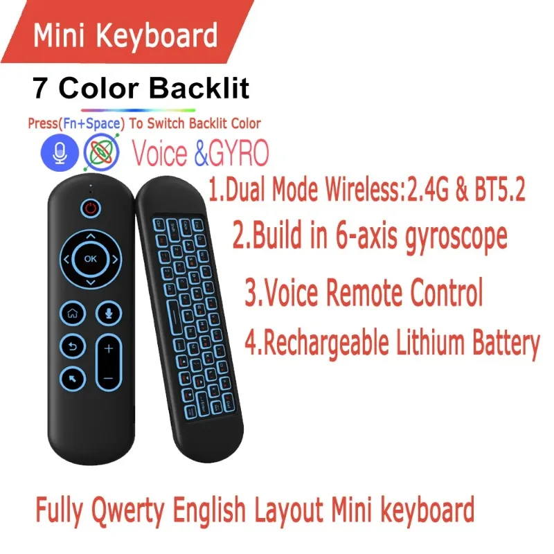 Remote control air mouse voice gyroscope 7 color backlit mini keyboard dual mode 2.4G BT5.2 wireless for android smart tv box pc