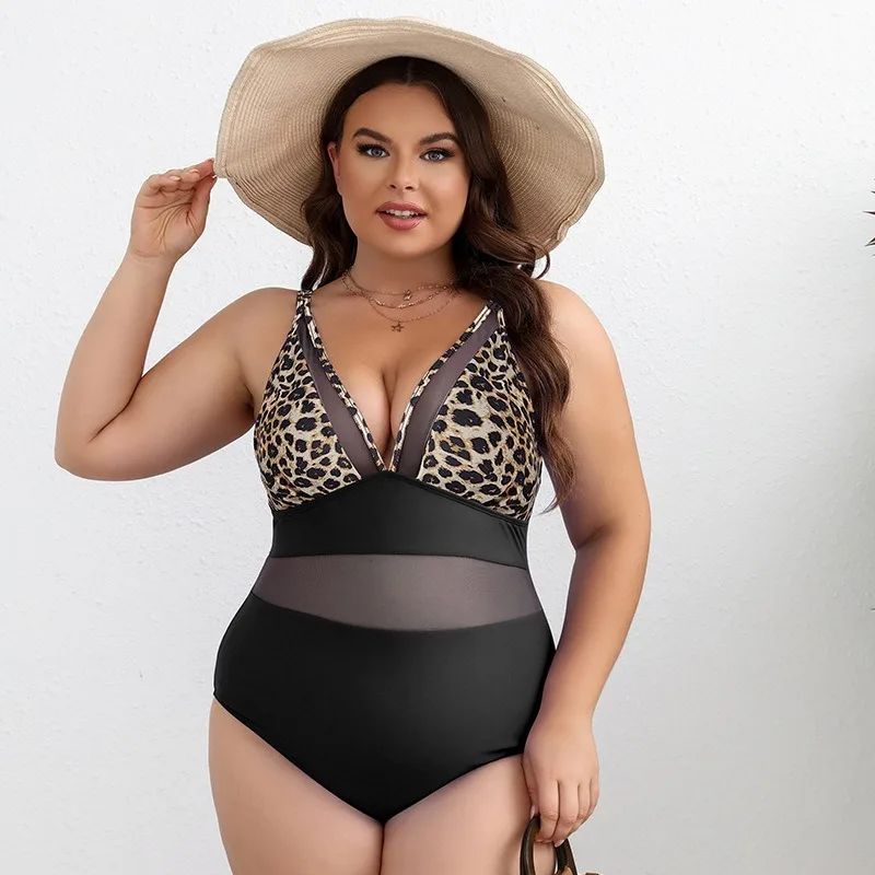 One-piece Mesh Splicing Swimsuit, Feminine Tight High Waist Backless Large Size Bikini Women's Swimsuit with Chest Pad