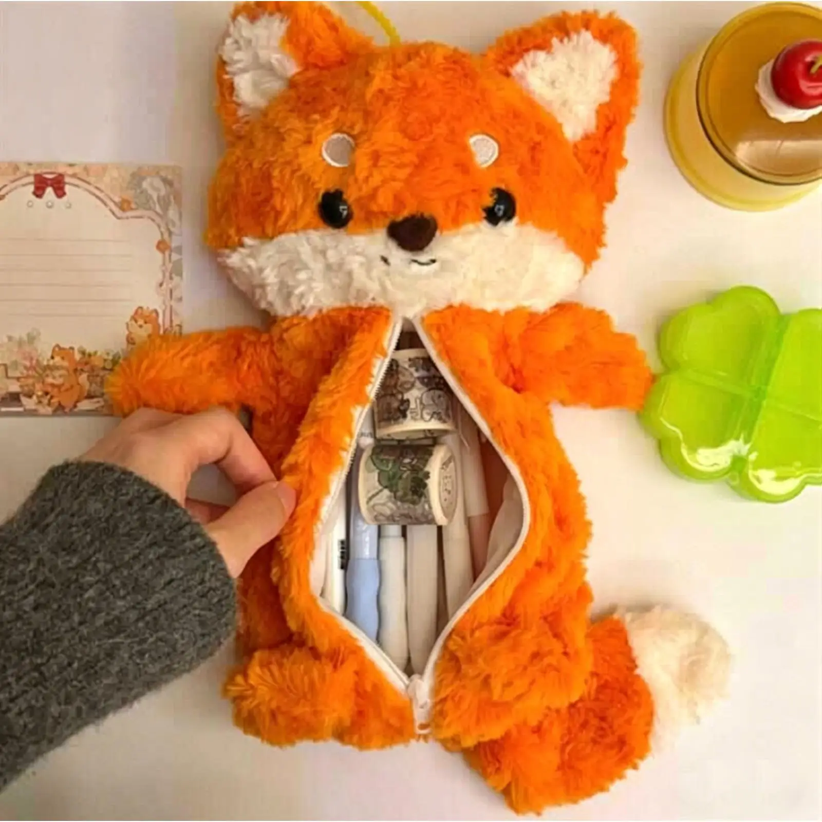 

Pencil Case Supplies Orange Zipper Closure Kids Storage Holder Fox Shape Makeup Bag