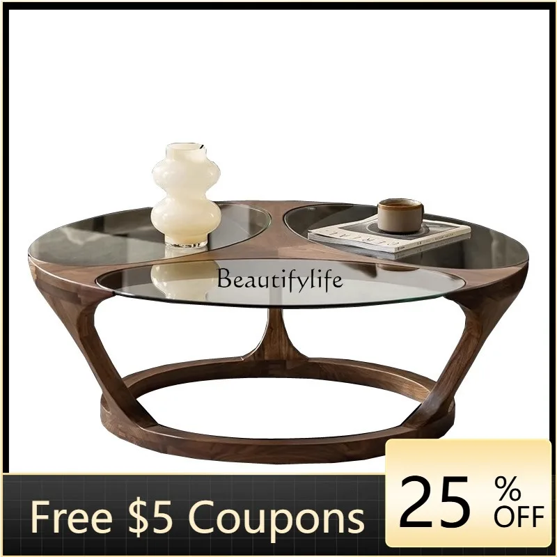 

W2 Japanese-style Italian minimalist living room solid wood art small apartment round coffee table glass