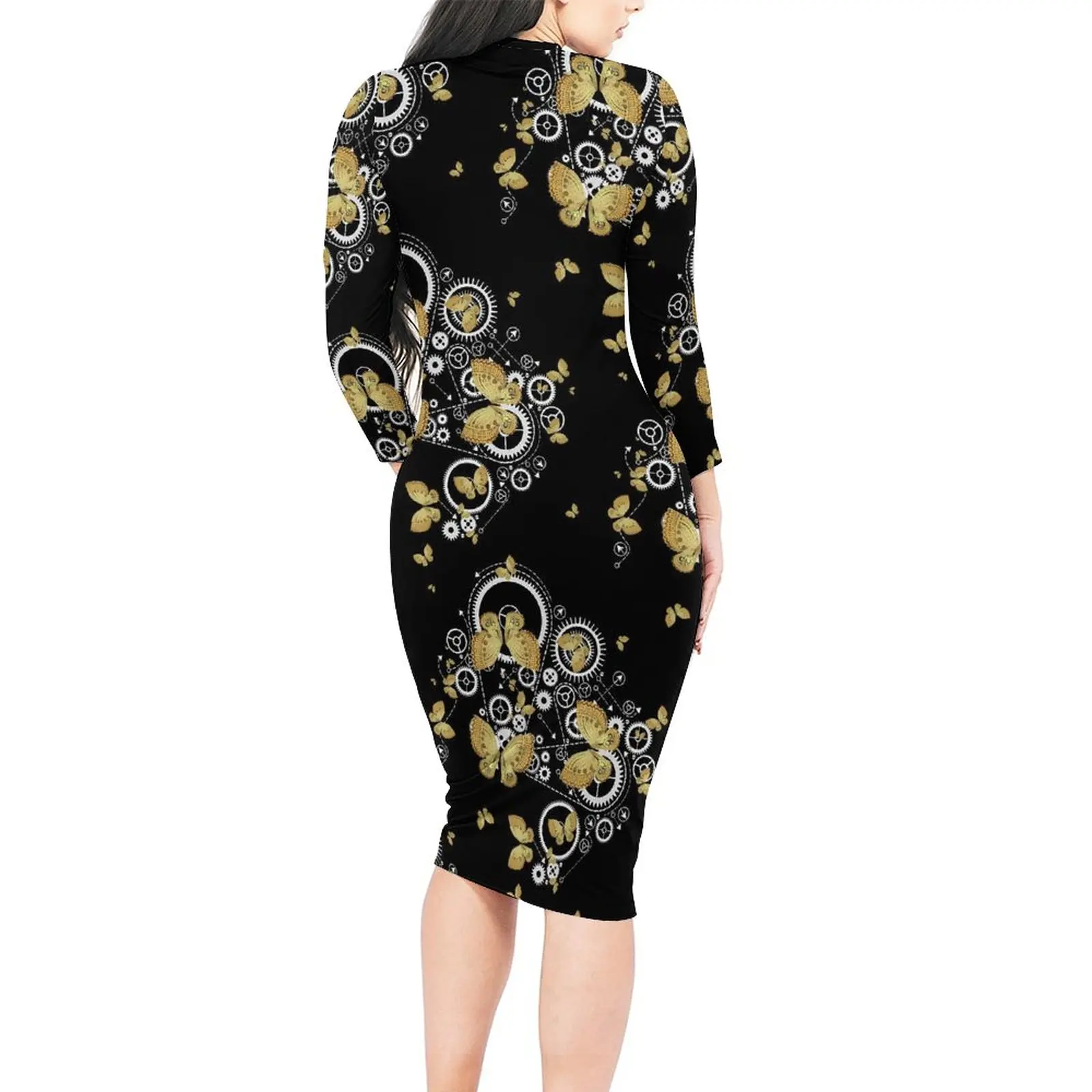 Gold Butterfly Dress Female Gears Print Street Wear Bodycon Dress Autumn Long Sleeve Retro Dresses Custom Oversize Vestidos