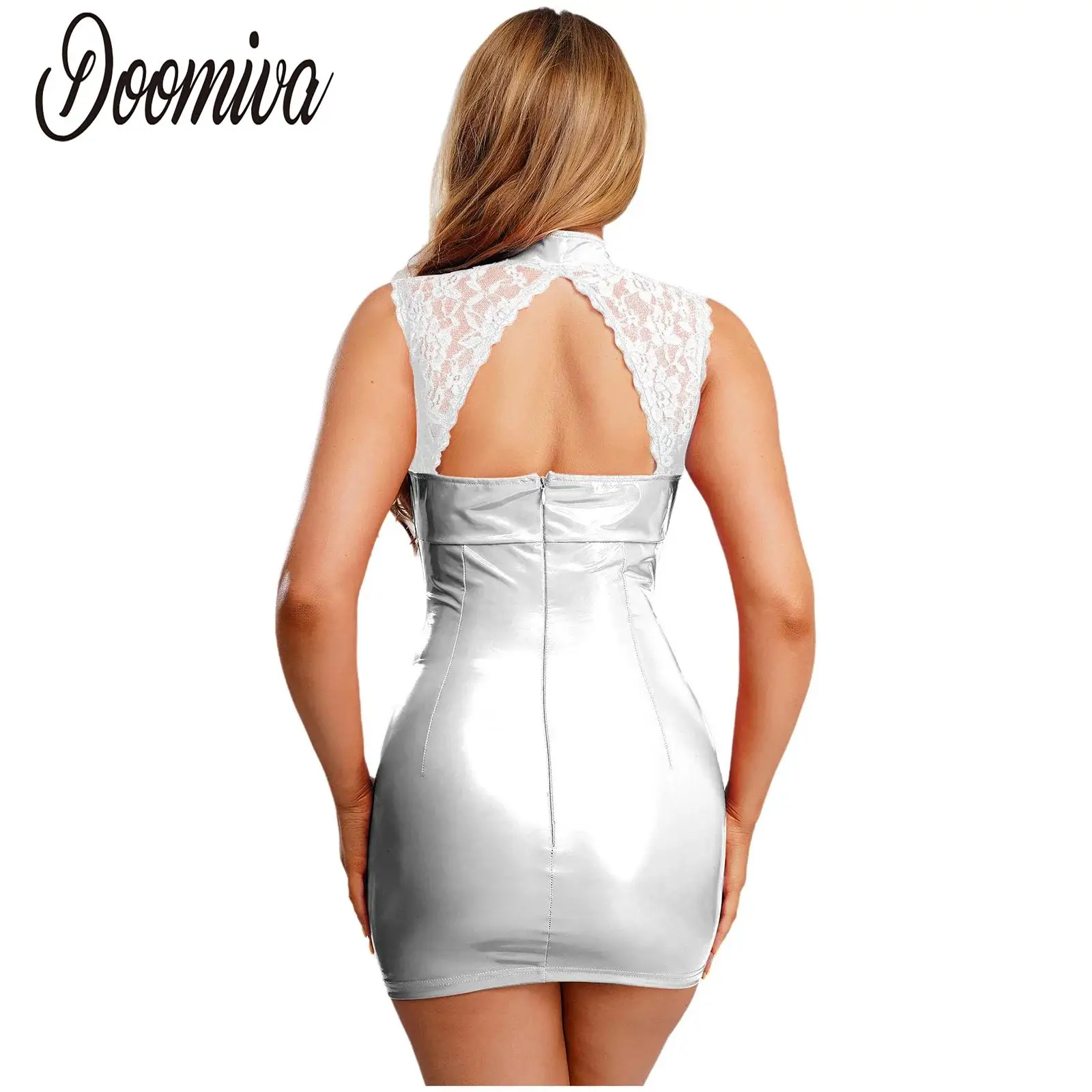 Women Sexy PU Leather Sheer Floral Lace Mini Dress Glossy Patchwork Sleeveless Cutout Bodycon Dress Clubwear Festival Rave Party