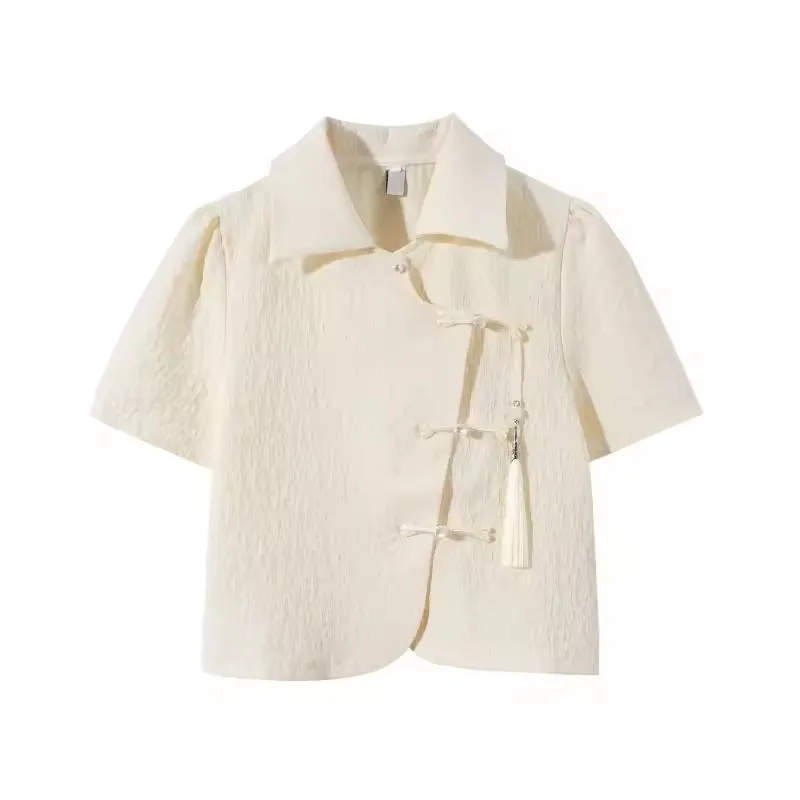 

Винтажная новая китайская короткая футболка, лето 2025 г., повседневные тонкие блузки с отложным воротником, однобортные кавайные блузки с коротким рукавом