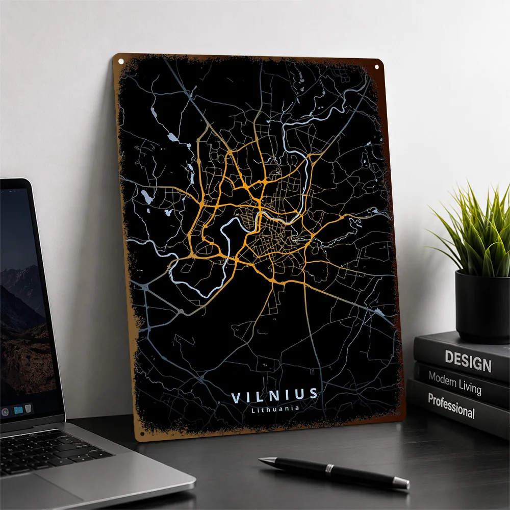 Vilnius City Map Aluminum Poster Personalized Metal Sign Midnight Street Design Wall Art Ideal Holiday Gift For Geography Fans