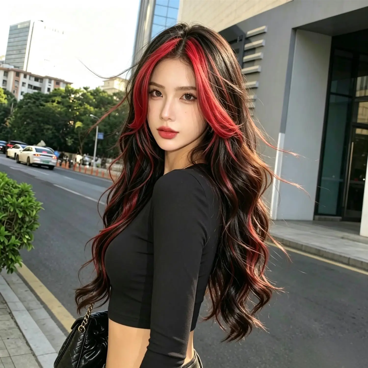 Body Wave Wig 28 Inch 1B Natural Black With Red Highlights Two Tone Heat Resistant Synthetic Wig