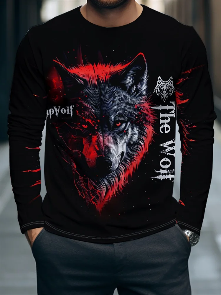 Men's Wolf Head Long Sleeve T-Shirt Grey Howling Moon Pine Tree Forest Graphic Tee Pullover Tops Gift New 2026 Animal Print