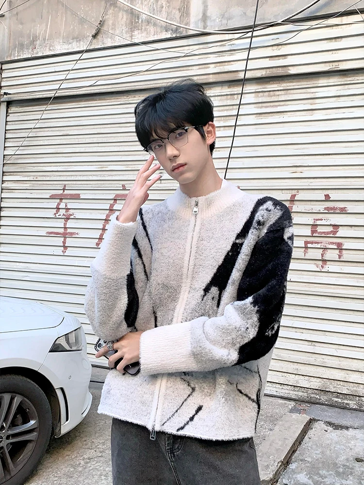 

Мужской вязаный кардиган в американском ретро-стиле, модный, премиум-класса, с принтом, меховой отделкой, свободного кроя, с круглым вырезом