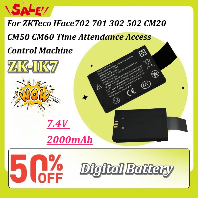 Batería de Respaldo de Litio de 7.4V 2000mAh ZK-IK7 para Máquinas de Control de Acceso y Asistencia ZKTeco IFace702 701 302 502 CM20 CM50 CM60