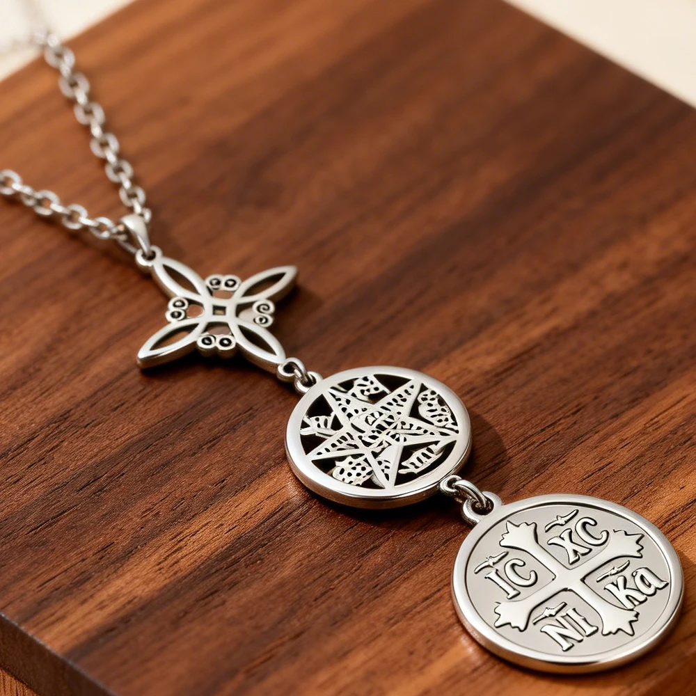 Vintage Triple Protection Pendant Necklace Orthodox Cross Witch Knot Pentagram Tetragrammaton Symbol Pendant Amulet Jewelry view 2
