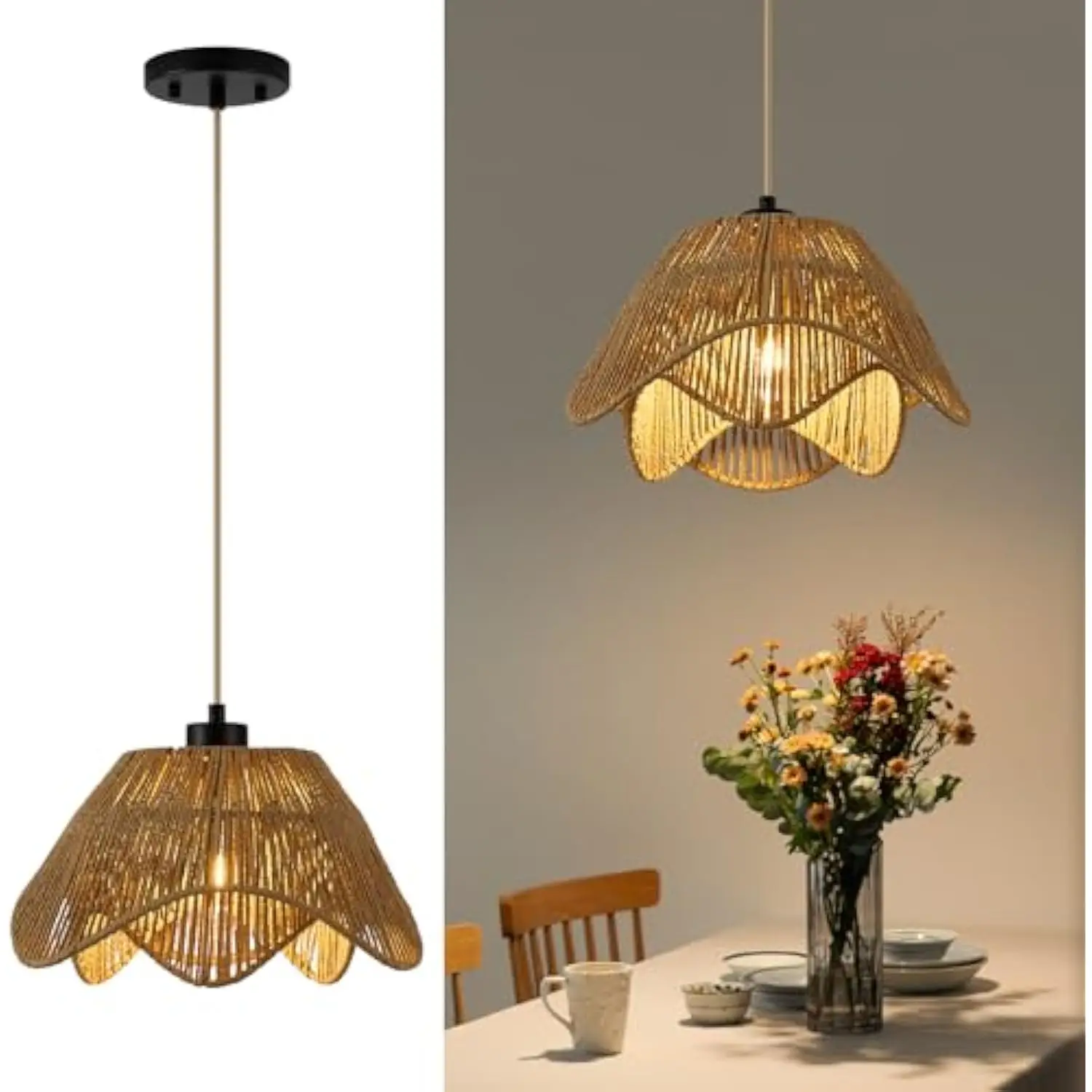 

Rattan Pendant Light Fixtures, 1 Light Boho Hanging Light, Farmhouse Hand Woven Wicker Chandelier, Adjustable Flush Mount Ceilin