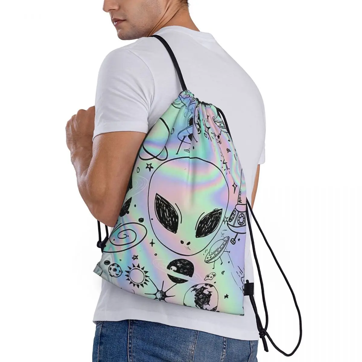 

Wonderful Green Alien Universe Wondrous Cosmos With Planet And Stars Backpacks Fashion Drawstring Bundle Pocket Storage Bag