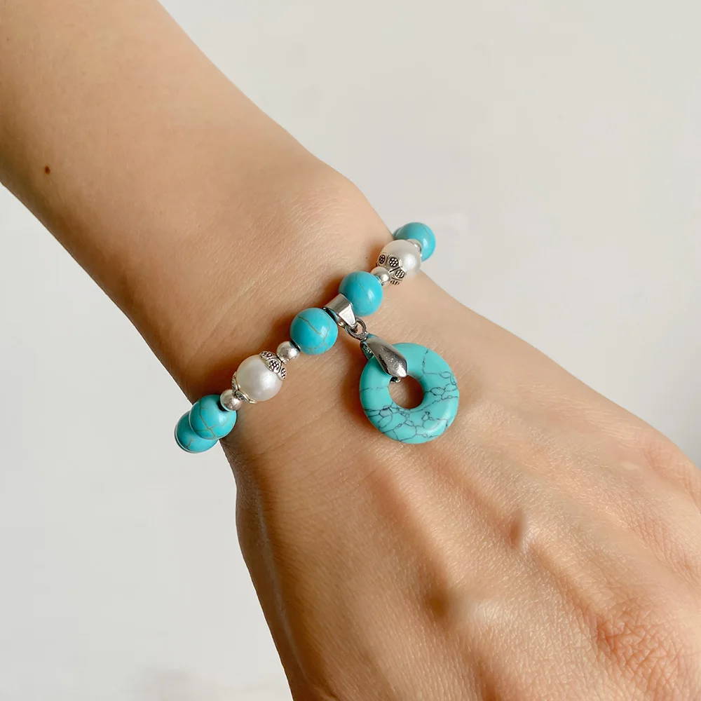 Natural Stone Pendant Bracelet Blue Sodalite Malachite Amethysts Tiger Eye Stone Circle Hexagonal Heart Charm Bangles Jewelry