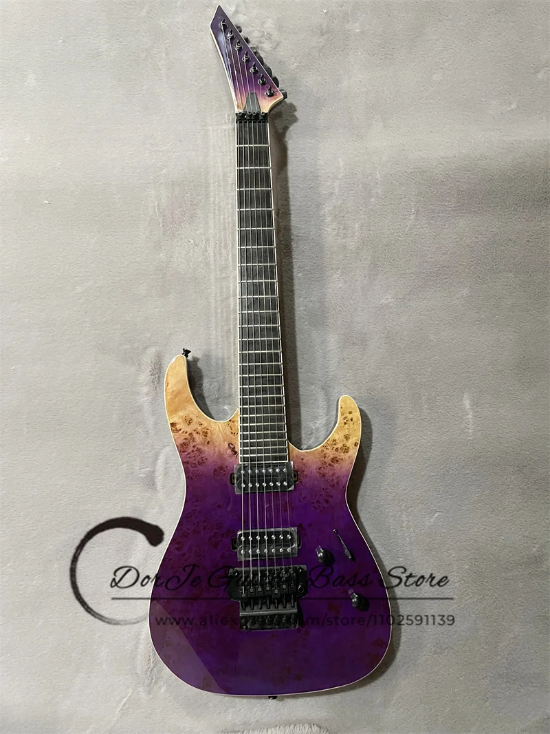 

7 Strings Violet Electric Guitar Maple Neck Though Body Burl Maple Top Ebony Fingerboard HH Pickups Tremolo Bridge Black Tuners