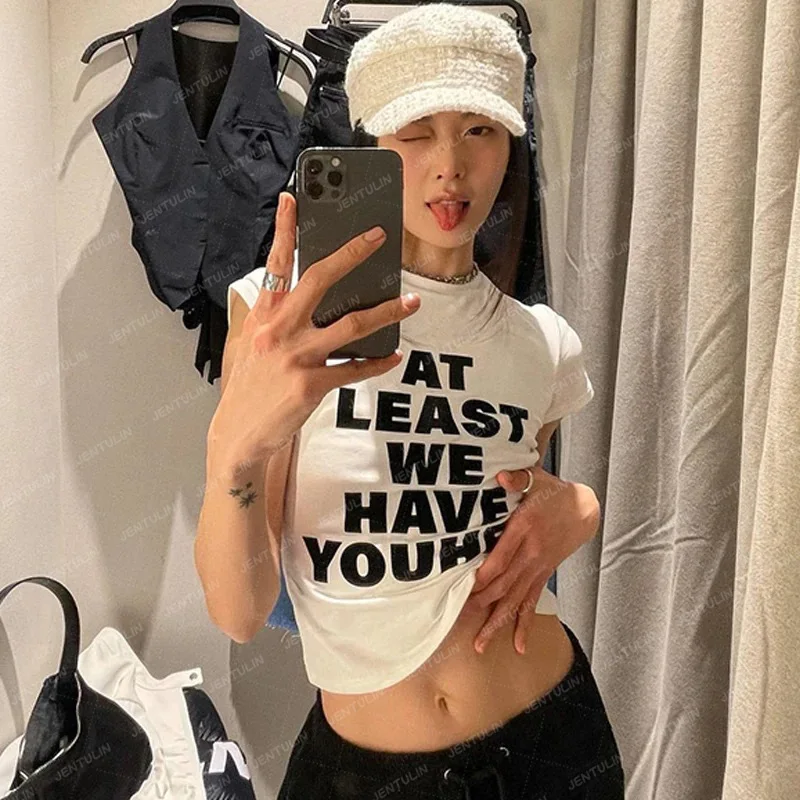 

Women's Tshirt Y2K Streetwear Punk Slim Crop Tops Aesthetic Letter Print Short sleeves Tees Vintage Hot Girl Fairy Baby Tees