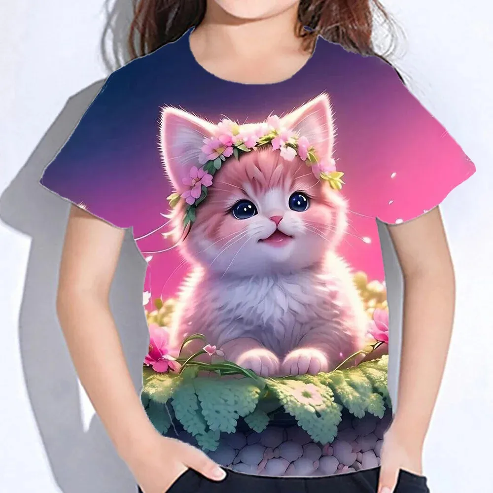 Kinderkleding 3d Print Kawaii Cat Pattern T Shirts Korte Mouw Tops 2024 Kids Kleding Meisjes Jongens Kleding 2 Tot 8 Jaar