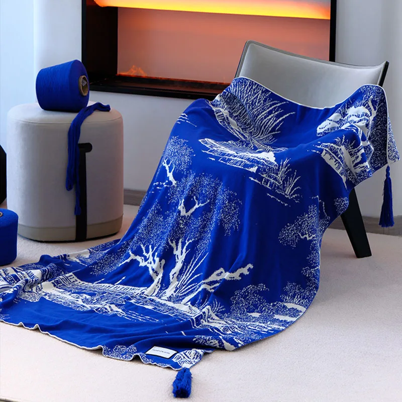 

Ethnic Style Pure Cotton Blue Sofa Blanket Napping Knitted Blanket for Living Room Bedroom Adult Kids Sofa Cover for All Seasons