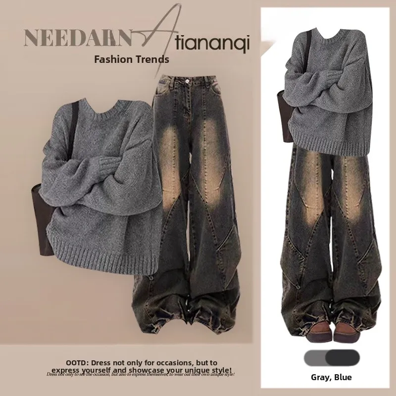 

plus Size Spring Outfit Set Women's Korean Sle Knitted Sweater High Waist Slimming Jeans Two Piece Set Faionable Casual Wear