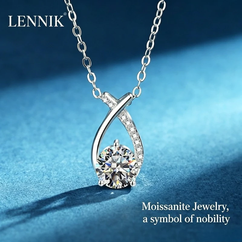 

LENNIK S925 Silver One-carat Moissanite Necklace Female Cross Mermaid Princess Pendant Zircon Collarbone Chain