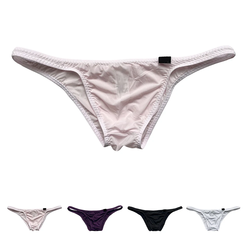 Mens Seamless Ice Silk Bikini Briefs Mesh Sheer High Elastic Low Waist Underwear Breathable Sexy Briefs Lingerie Solid Color