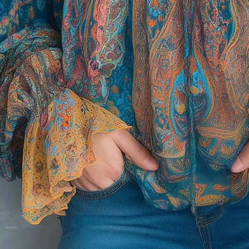 

Ethnic Paisley Women Blouse Tops Vintage Sexy V Neck Long Sleeve Flare Sleeve Vacation Style Early Spring Bohemian Blouses