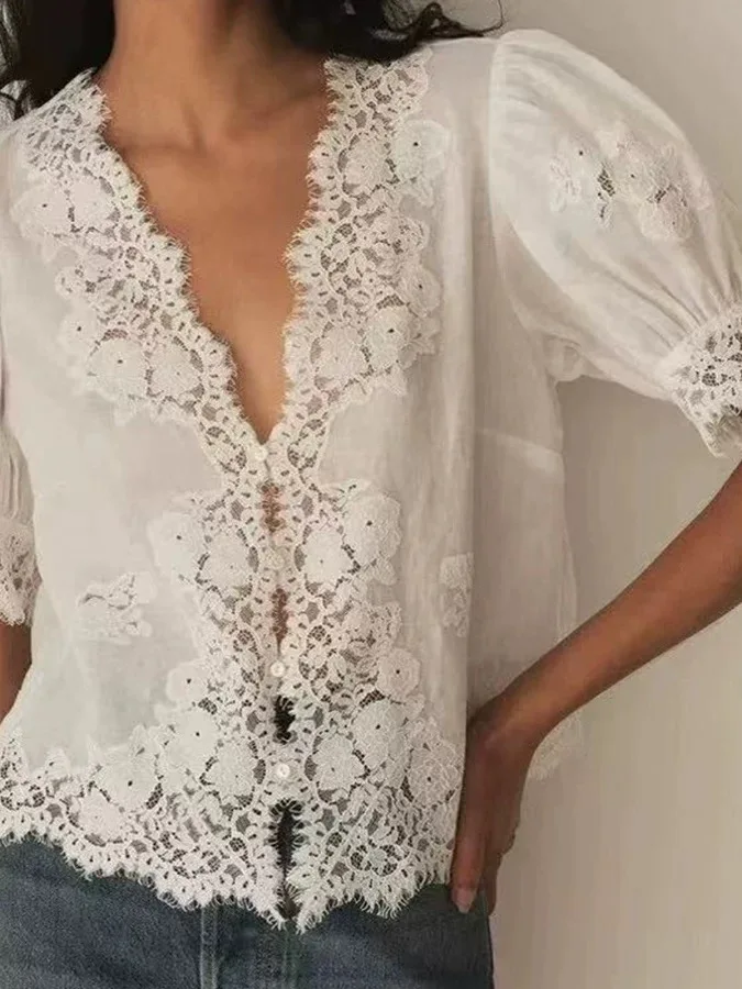 

Women Lace Embroidery White Ramie Shirt tops Single Breasted V-Neck Puff Sleeve Casual Blouse