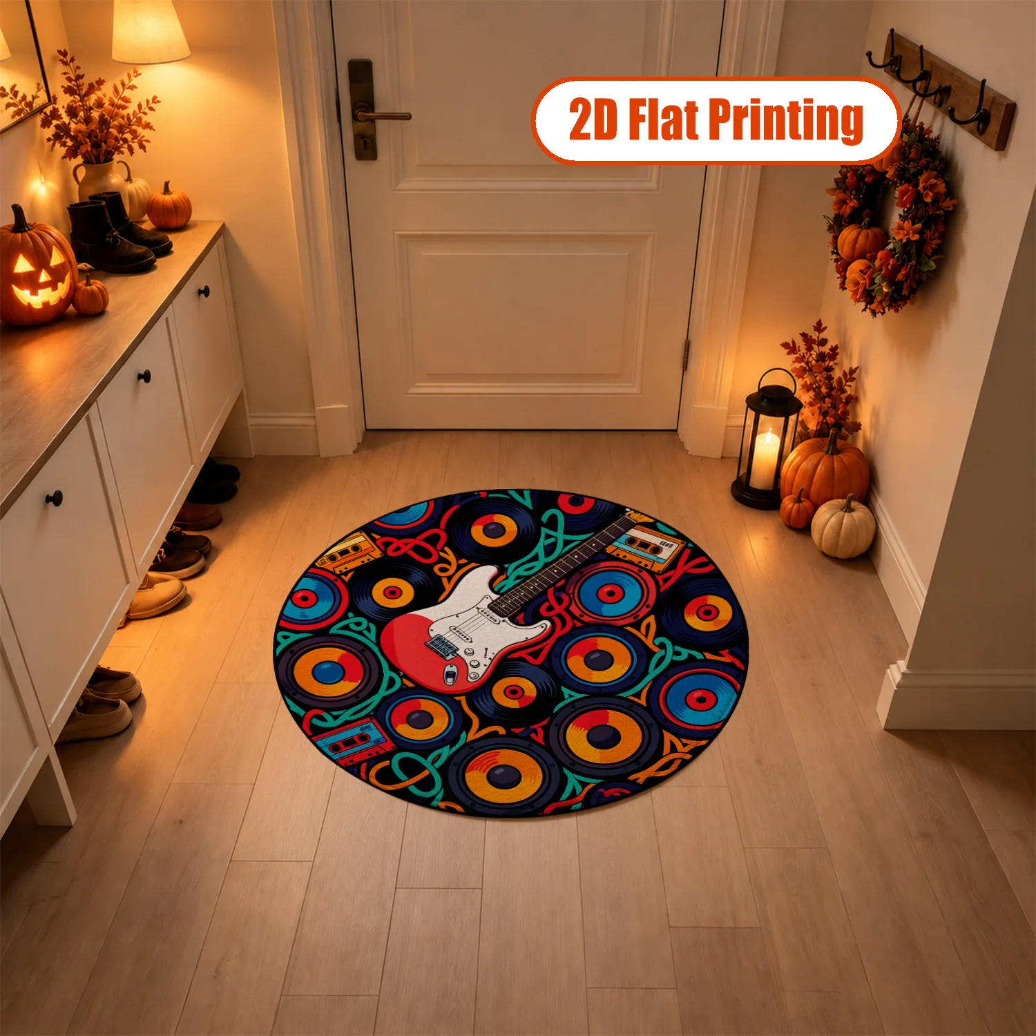 Retro Music Guitar Vinyl Cassette Pattern Round Velvet Rug, Machine Washable, Suitable for Living Room, Bedroom, Music Studio, Perfect for Halloween, Thanksgiving, Black Friday, Christmas, New Year Home Decor
