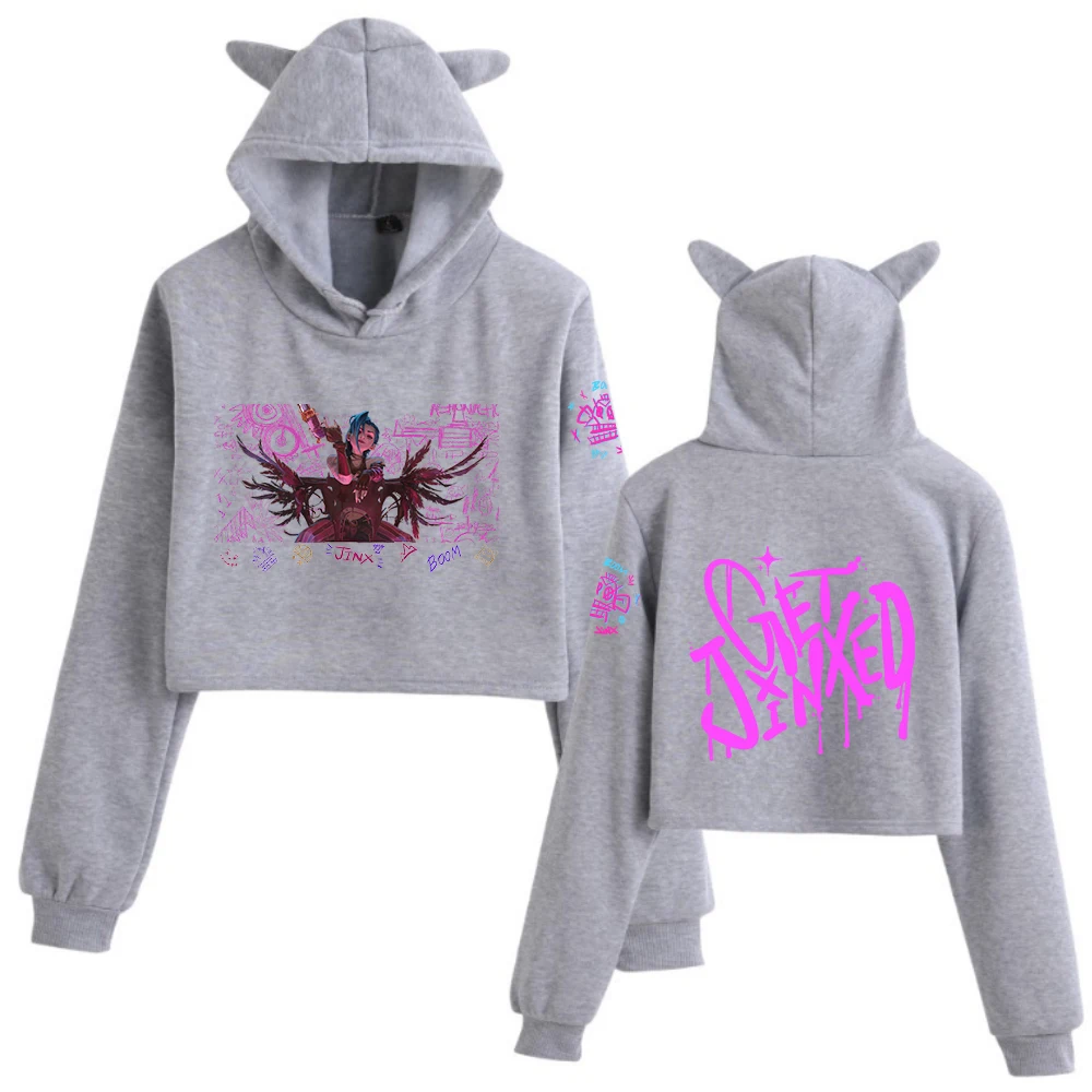 Jinx Arcane Graffiti Art Cat Ears Manica lunga Crop Top Felpa con cappuccio alla moda per ragazze