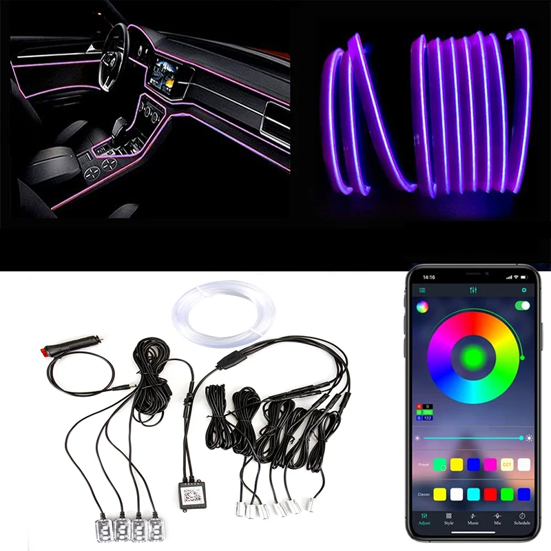 Car LED Strip Light Multicolor RGB Interior 16Million Colors Fiber Optic Ambient Lighting Kit Sound Active Function and Wireless