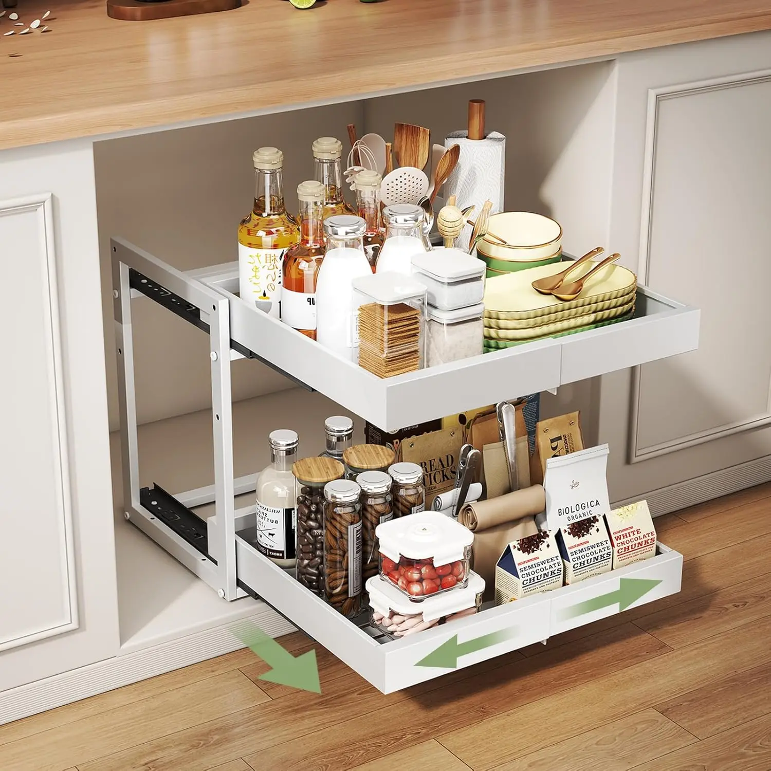 

2 Tier Pull Out Cabinet Organizer ,Adjustable Width & Height, Expandable Pull-Out Drawers For Cabinets, Slide Out Shelves for