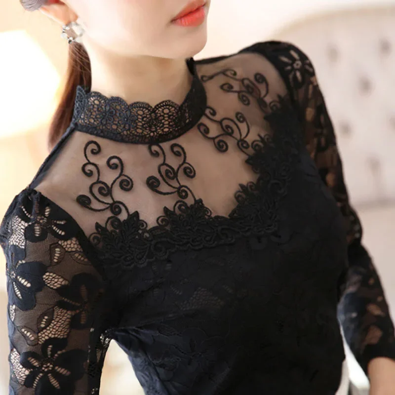 Women's Long Sleeve Lace Base Layer Top Autumn Winter New Plus Size Stylish Slimming Inner Stand Collar Chiffon Shirt