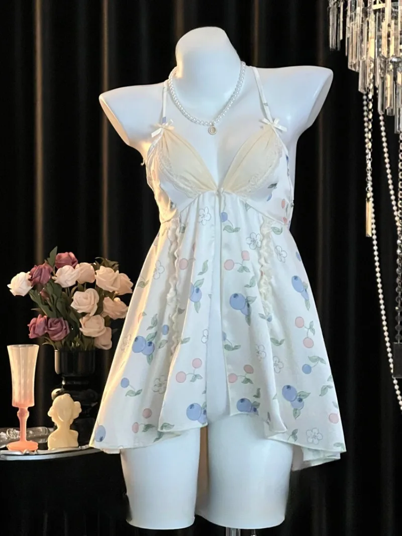 

Ice Silk Satin Strappy Nightdress for Women,Elegant Sexy Pajamas with Front Slit,Backless Design Sleepwear,Romantic Seductive