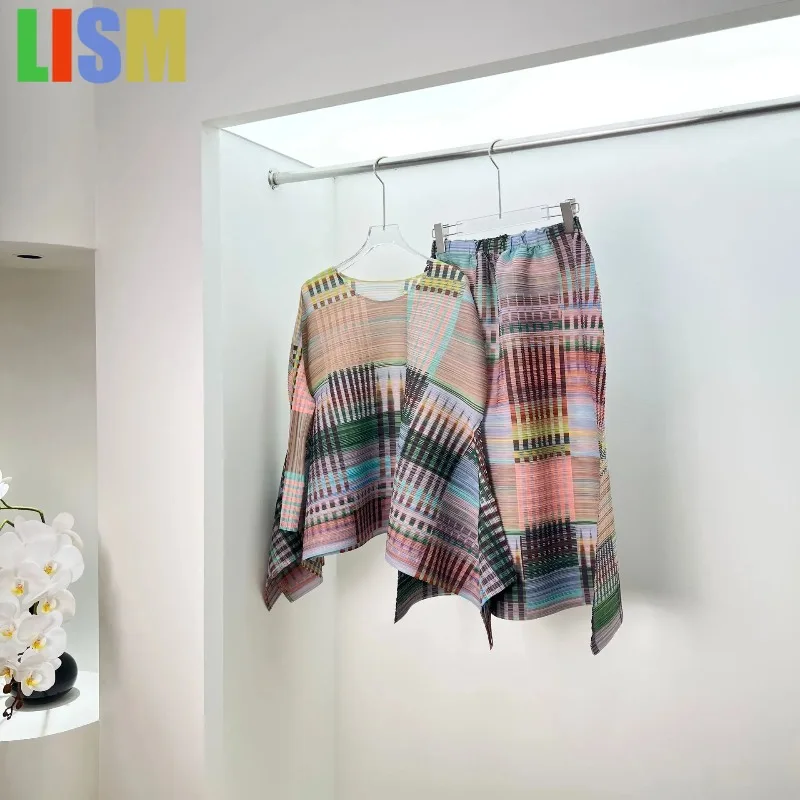 

LISM Pleated Counter Models Fashion Color Collision Plaid Elegant Spring Top + Half Skirt Two-piece Set 2025 Summer woman outfit