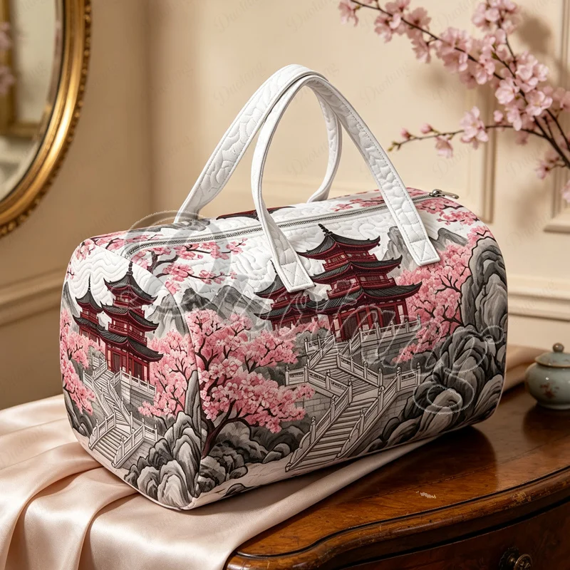 Cartoon Cherry Blossom Pagoda and Rockery Print Handbag for Travel 2D Flat Quilted Women Duffle Totes Shoes Holder Shoulder Bags