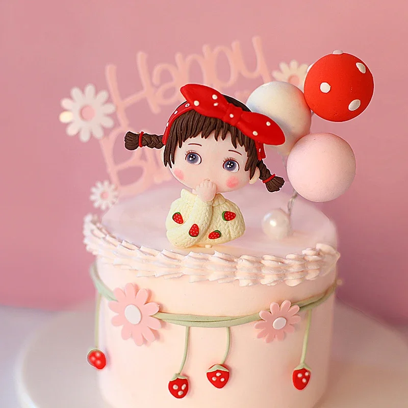 Cute Pink Girl Cake Topper Soft Taupo Point Bow Strawberry Playful Kids Doll Plug-in Party Dessert Cake Decoration Dress Up — zdjęcie 3
