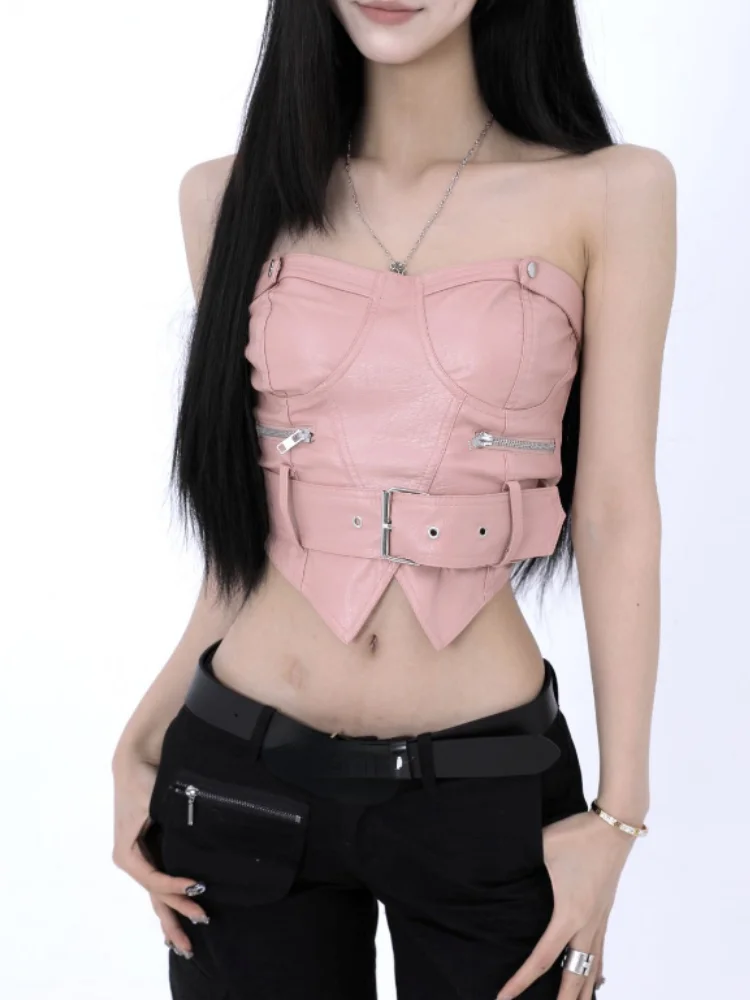 Y2k Strapless Sleeveless Sexy Slim PU Chest Korean Fashion Chain Zipper Short Top