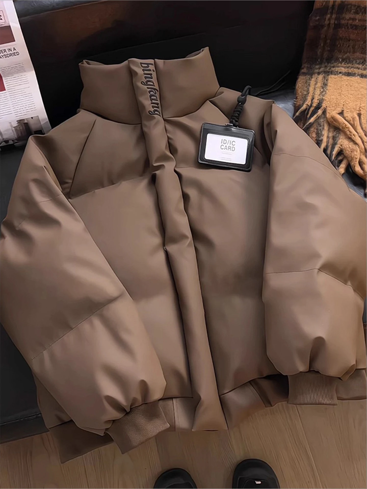 

Coffe Brown Embroidered PU Leather down Jaet Men's Winter Thiened ort Cotton American Trendy Brand Outerwear