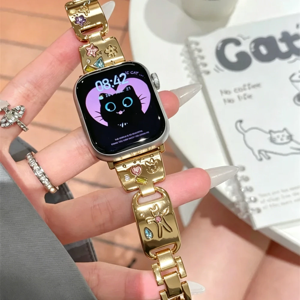 Kreatives Katzenmotiv Graviertes Metall-Uhrenarmband für Apple Watch 1-11/ SE/ Ultra, 38-49mm Ersatzband (Uhr Nicht Enthalten)
