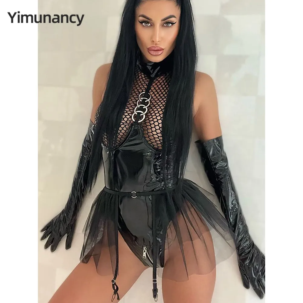 Yimunancy One Piece PU Leather Women Bodysuit Mesh Patchwork Black Bodysuit Sexy Erotic Body Femme Clubwear Overalls