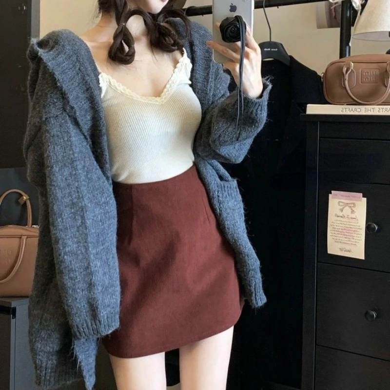 

HOUZHOU Vintage Corduroy Skirt Women 2024 Fall Chic Korean Fashion High Waist Slim A-line Mini Skirts Khaki Black Casual Lady