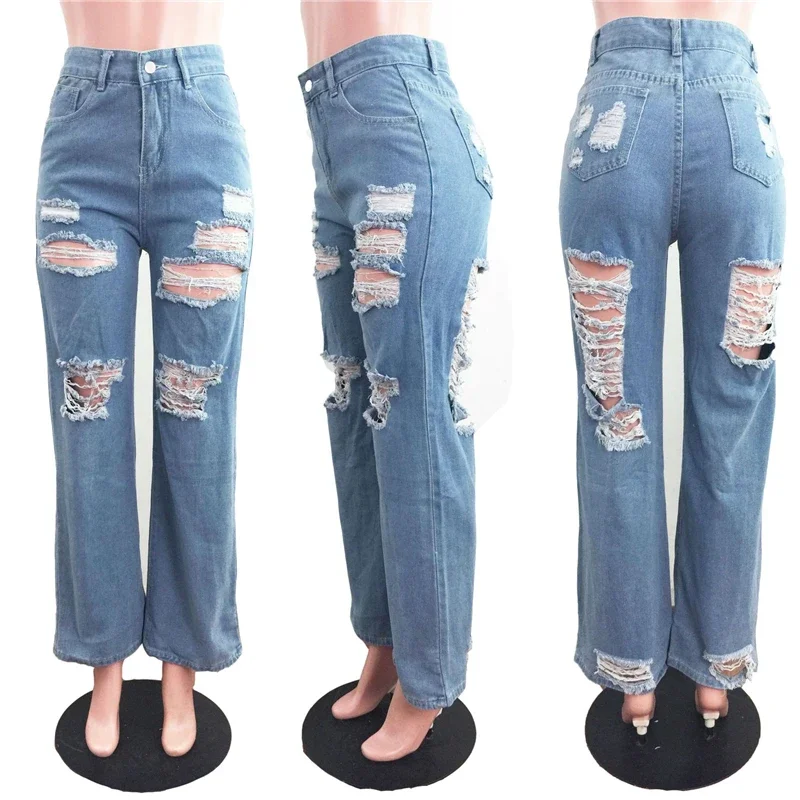 2024 Summer New Arrival Sexy Hole Ripped Boyfriend Jeans Women Fashion High Waisted Loose Casual Wide Leg Denim Pants Trousers